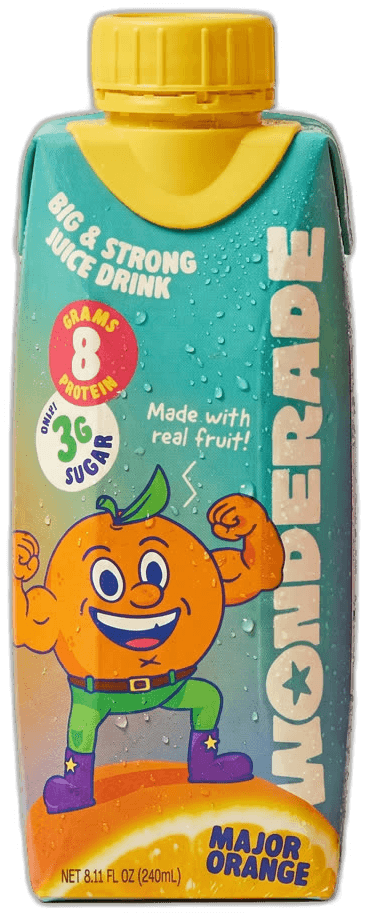Wonderade Major Orange juice box: 8 grams protein, 3 grams sugar, made with real fruit