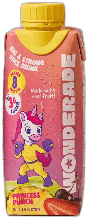Wonderade Princess Punch juice box: 8 grams protein, 3 grams sugar, made with real fruit