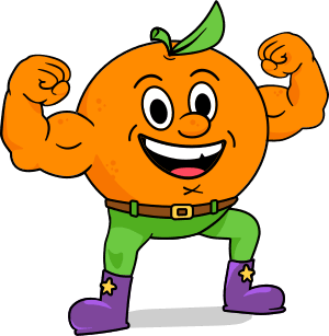 Major Orange, a muscly cartoon orange in green pants and purple boots, flexing