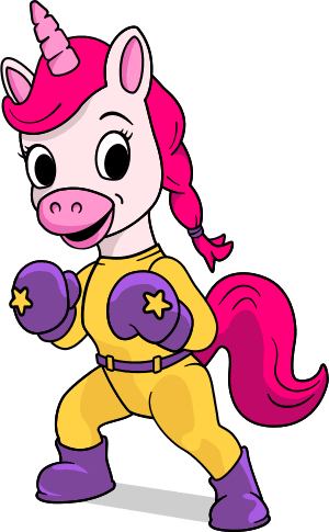 Princess Punch, a unicorn with pink braided hair and purple boxing gloves