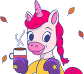 Princess Punch holding a mug of hot cocoa as autumn leaves fall